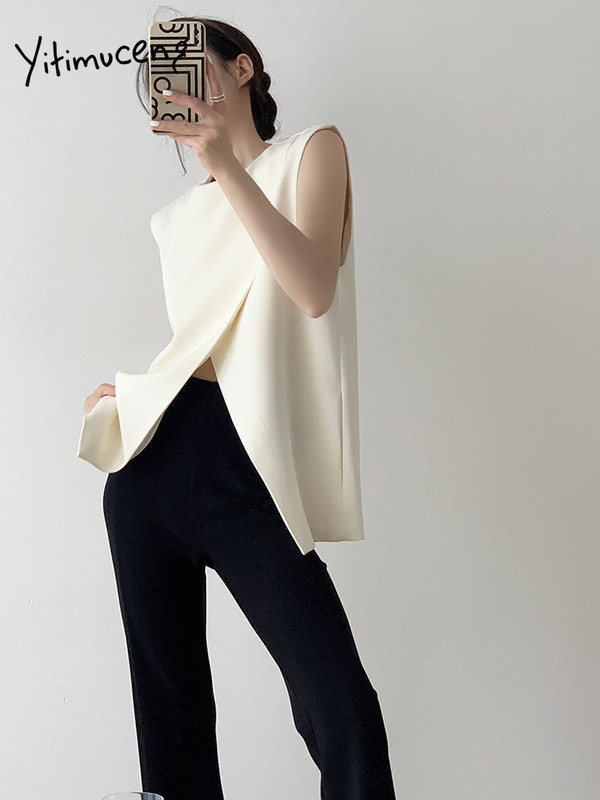 Yitimuceng Criss Cross O izrez odijelo prsluk za žene 2023 Nova modna proljetna uredska ženska vesta Elegantni čvrsti ženski prsluk