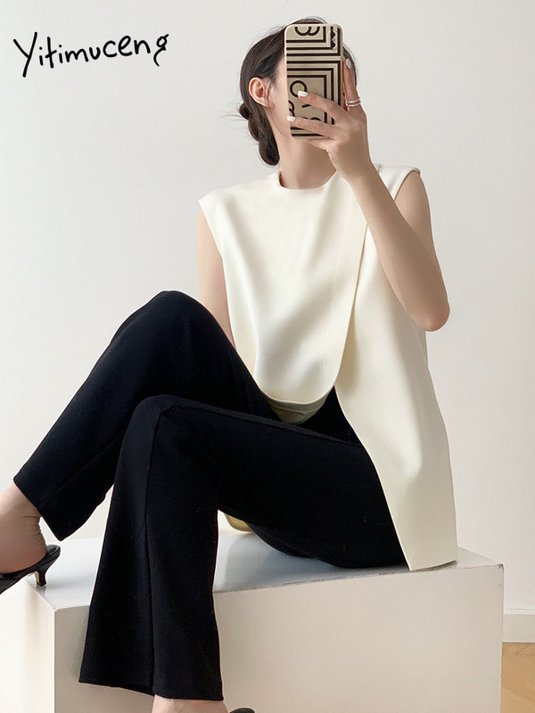 Yitimuceng Criss Cross O izrez odijelo prsluk za žene 2023 Nova modna proljetna uredska ženska vesta Elegantni čvrsti ženski prsluk