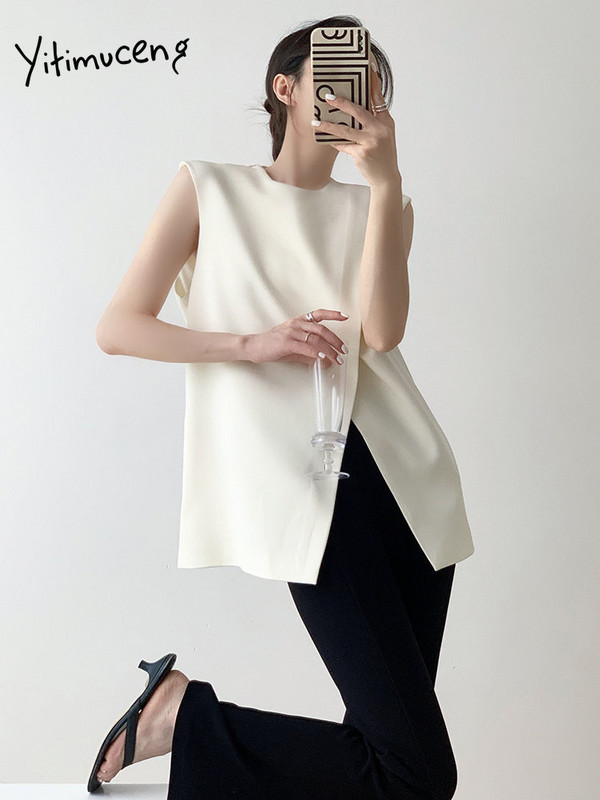 Yitimuceng Criss Cross O izrez odijelo prsluk za žene 2023 Nova modna proljetna uredska ženska vesta Elegantni čvrsti ženski prsluk