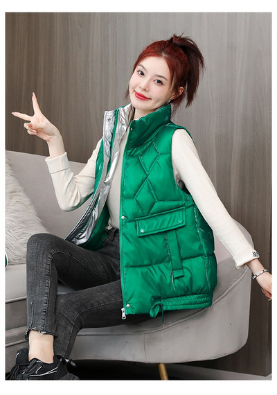 Őszi, téli fényes, puffos mellény, női alkalmi, rövid ujjatlan kabát, pamut mellény, női mellény Chaleco Mujer