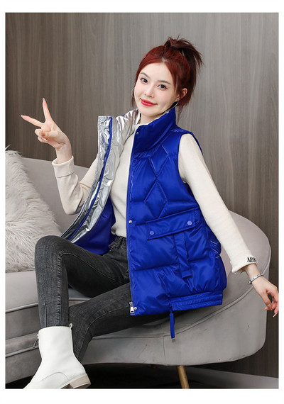 Őszi, téli fényes, puffos mellény, női alkalmi, rövid ujjatlan kabát, pamut mellény, női mellény Chaleco Mujer