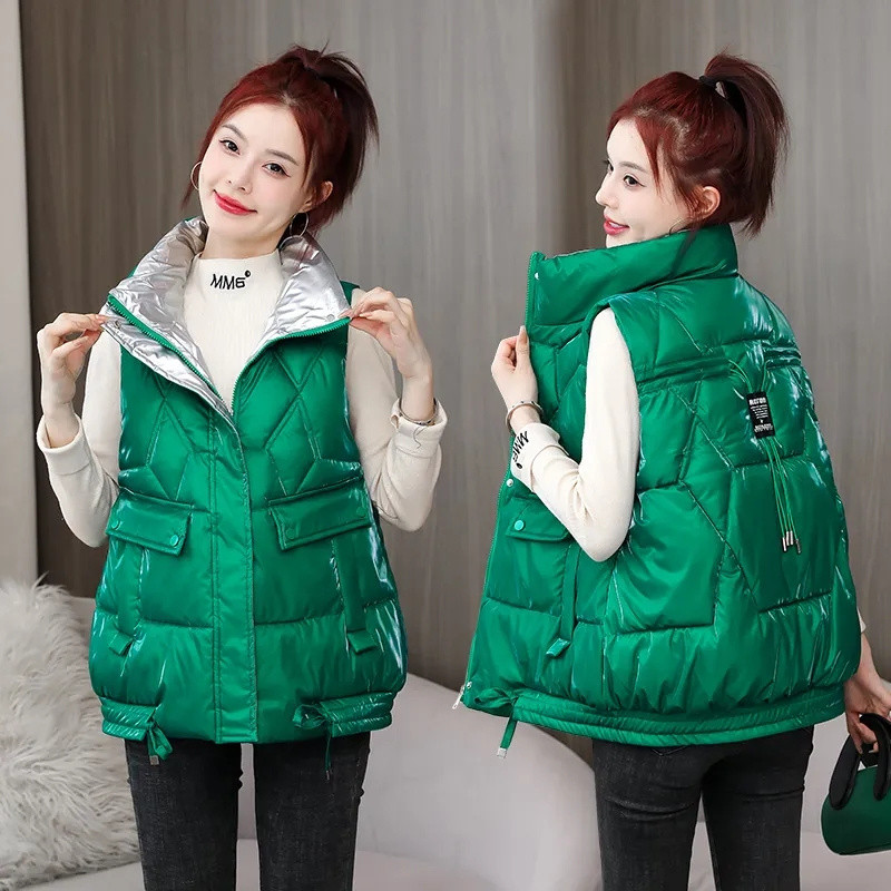 Őszi, téli fényes, puffos mellény, női alkalmi, rövid ujjatlan kabát, pamut mellény, női mellény Chaleco Mujer