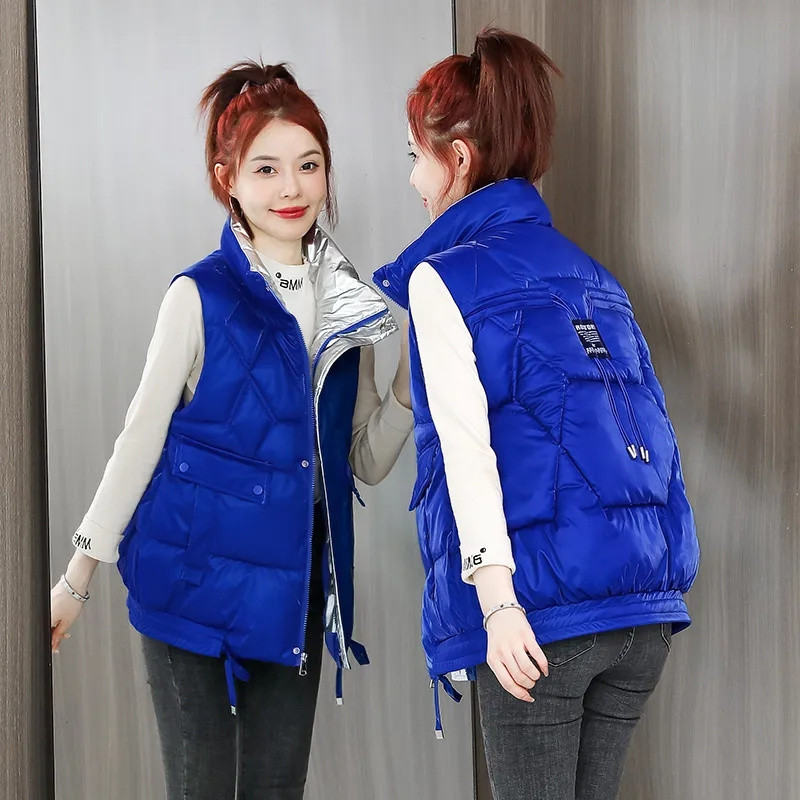 Őszi, téli fényes, puffos mellény, női alkalmi, rövid ujjatlan kabát, pamut mellény, női mellény Chaleco Mujer