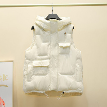 Φθινοπωρινό χειμερινό γυναικείο πουπουλένιο βαμβακερό γιλέκο Νέο κοντό σακάκι με κουκούλα Κορεατικό αμάνικο τζάκετ με πολλές τσέπες γυναικείο παλτό