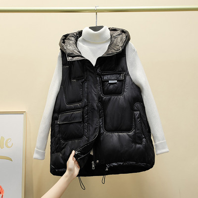 Toamnă Iarnă Vestă din bumbac pentru femei, nouă, solidă, cu glugă, scurtă, jachetă coreeană cu mai multe buzunare, fără mâneci, vestă pentru femeie.