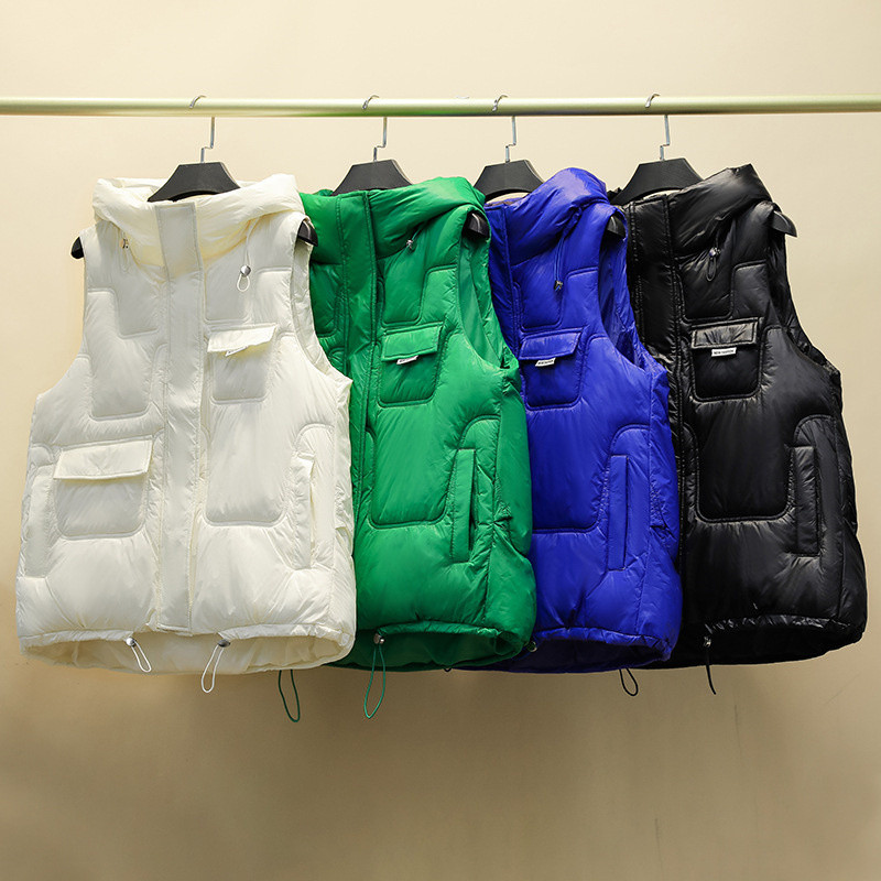Toamnă Iarnă Vestă din bumbac pentru femei, nouă, solidă, cu glugă, scurtă, jachetă coreeană cu mai multe buzunare, fără mâneci, vestă pentru femeie.