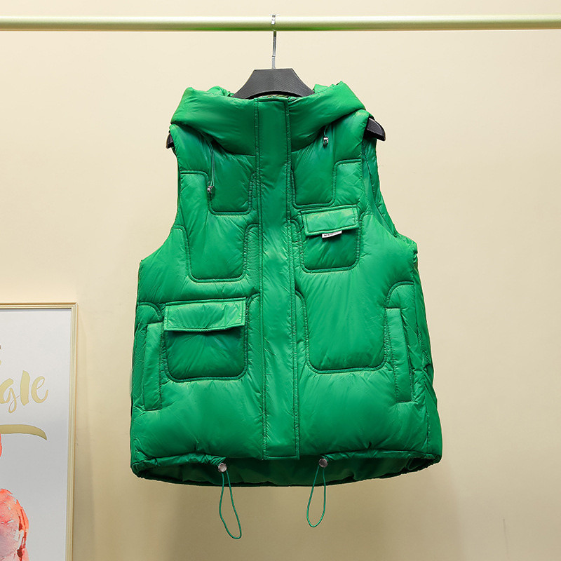 Toamnă Iarnă Vestă din bumbac pentru femei, nouă, solidă, cu glugă, scurtă, jachetă coreeană cu mai multe buzunare, fără mâneci, vestă pentru femeie.