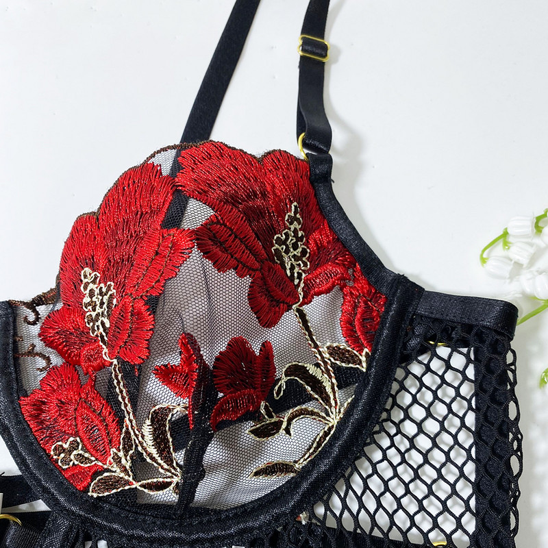 2022. Novi set seksi donjeg rublja s izvezenim cvijetom crvene ruže, komplet od 3 komada, žensko prozirno donje rublje s čipkom, erotske gaćice s grudnjakom