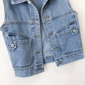 2023 Κοντό τζιν γιλέκο με κουκούλα Γυναικεία μπουφάν ανοιξιάτικη φθινοπωρινή τσέπη Jean γιλέκο Αμάνικο τανκ Μαθήτρια πανωφόρια casual μπλουζάκια