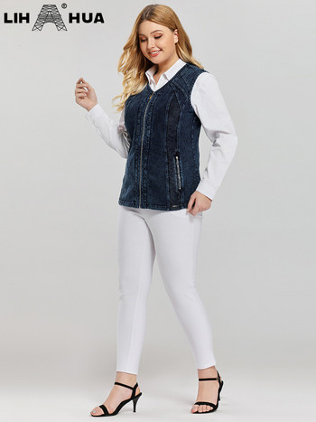 LIH HUA Γυναικείο γιλέκο σε συν μέγεθος άνοιξη υψηλής ελαστικότητας με τσέπες Βαμβακερό πλεκτό γιλέκο casual μόδας