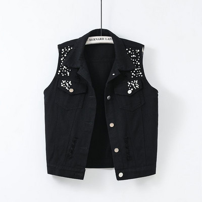 Spalvota džinsinė striukė, liemenė, moteriška pavasario vasara, nauja plona skylutė su karoliukais be rankovių paltas moteriškas trumpas laisvalaikio liemenė viršutiniai drabužiai