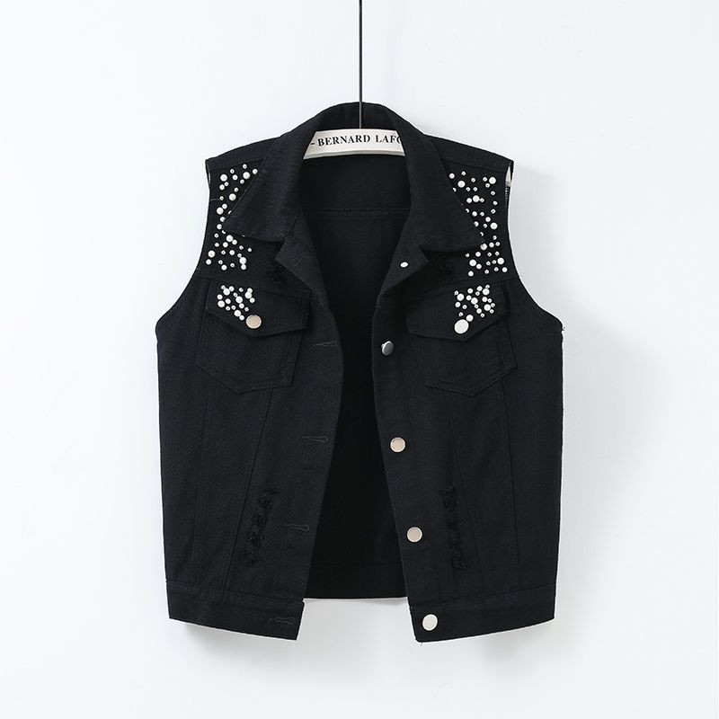 Spalvota džinsinė striukė, liemenė, moteriška pavasario vasara, nauja plona skylutė su karoliukais be rankovių paltas moteriškas trumpas laisvalaikio liemenė viršutiniai drabužiai