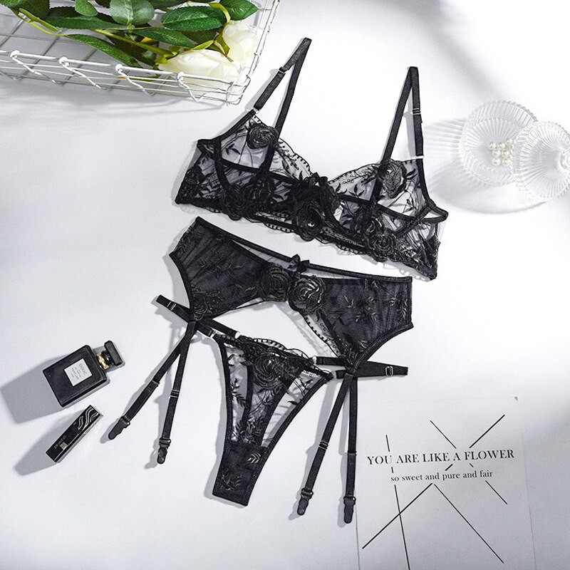 FELINUS Sexy 3 piese Lenjerie transparentă Sensual Set sutien din dantelă subțire Costume erotice See Through Set intim Broderie Underwea