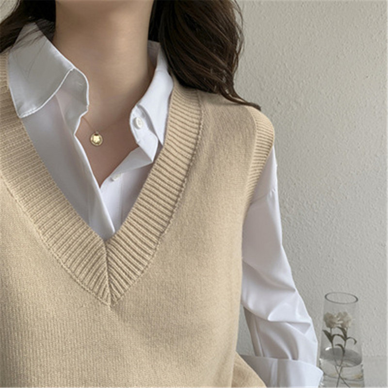 1KOM Ženska crna vesta Jesen i Zima Korejski labavi crni pleteni prsluk s V-izrezom Ženska vesta bez rukava Basic Top