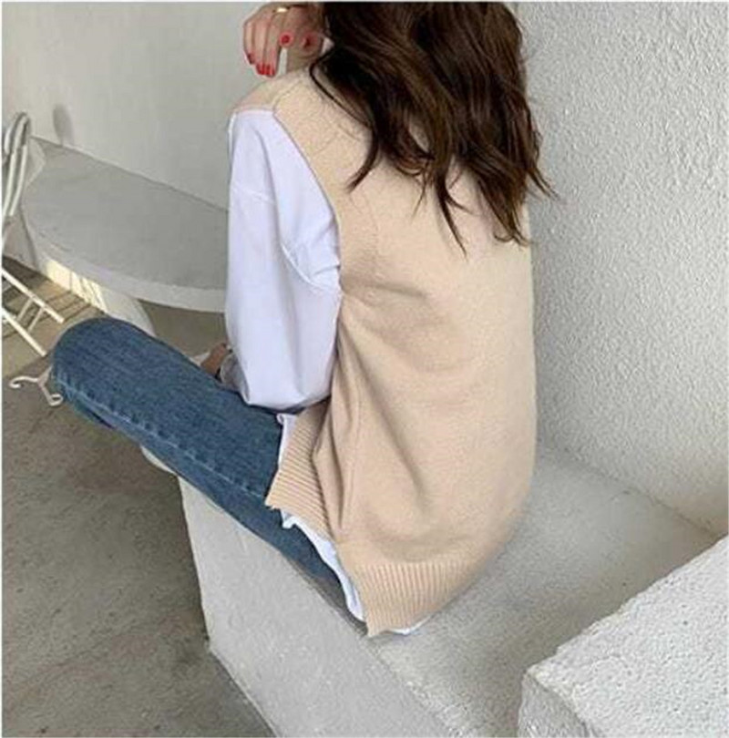 1KOM Ženska crna vesta Jesen i Zima Korejski labavi crni pleteni prsluk s V-izrezom Ženska vesta bez rukava Basic Top