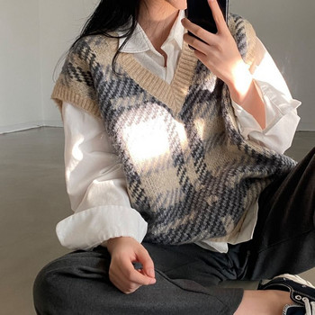 Πουλόβερ Γυναικείο γιλέκο με λαιμόκοψη με λαιμόκοψη μαλακό ζεστό μόδας καρό αμάνικα πουλόβερ Ρετρό ταιριαστό Πλεκτό σε κορεάτικο στυλ Mujer