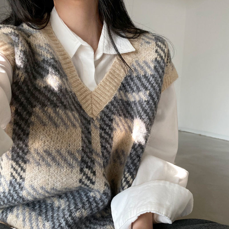 Pulover vestă femei cu decolteu în V, moale, caldă, modă, carouri, fără mâneci, pulovere retro, ample, tricotate, stil coreean pentru femei