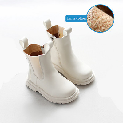 Marimea 21-30 Copii Primavara Iarna Pantofi Chelsea Fund gros Cizme din bumbac alb impermeabile Stilul britanic Fete Cizme scurte pentru copii mici