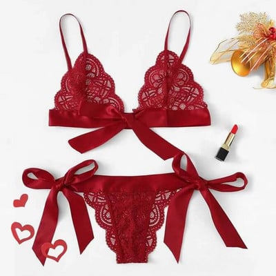 Sutien pentru femei Seturi de chiloți sexy cu bordură festonată Set sutien din dantelă laterală Set de lenjerie de culoare solidă Set sutien și slip cu broderie cu fundă