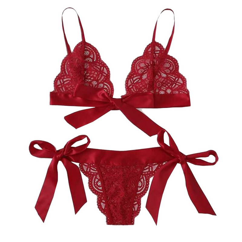 Sutien pentru femei Seturi de chiloți sexy cu bordură festonată Set sutien din dantelă laterală Set de lenjerie de culoare solidă Set sutien și slip cu broderie cu fundă