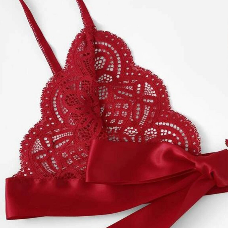 Sutien pentru femei Seturi de chiloți sexy cu bordură festonată Set sutien din dantelă laterală Set de lenjerie de culoare solidă Set sutien și slip cu broderie cu fundă