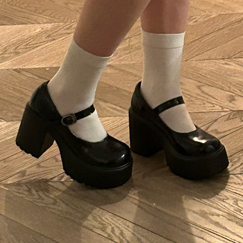 Модни бели помпи на платформа за жени Супер високи обувки с каишка с катарама Обувки Mary Jane Дамски готически парти обувки на дебел ток Дамски