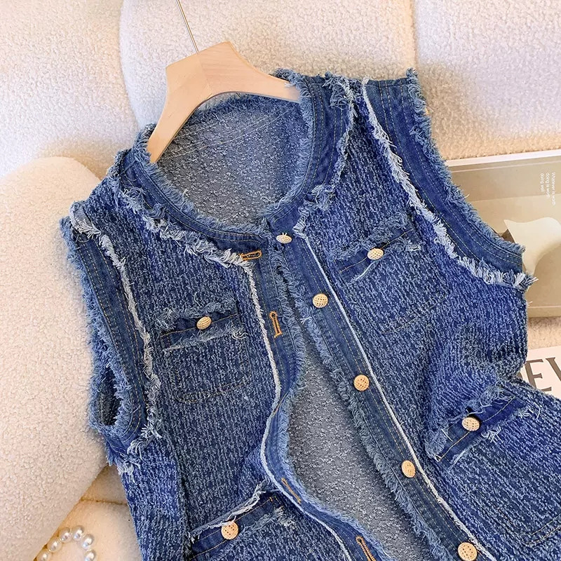 Vestă de blugi cu margine de blană parfumată pentru femei, primăvară, toamnă 2023, Flow, fără mâneci