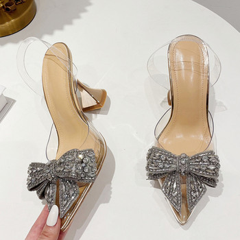Liyke Модни дамски помпи с кристални пайети и бантик, секси обувки с високи токчета с остри пръсти, сватбени абитуриентски обувки, дамски PVC прозрачни сандали