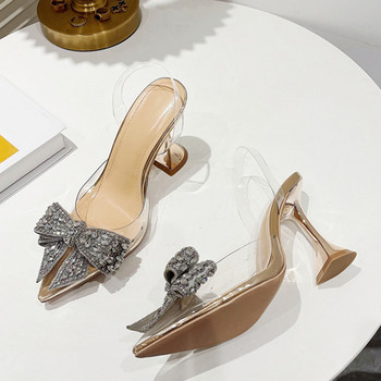 Liyke Модни дамски помпи с кристални пайети и бантик, секси обувки с високи токчета с остри пръсти, сватбени абитуриентски обувки, дамски PVC прозрачни сандали