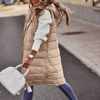 Γυναικείο μακρύ χειμωνιάτικο γιλέκο με κουκούλα Αμάνικο ζεστό μπουφάν με τσέπες Εξωτερικό γιλέκο εξωτερικού χώρου Streetwear