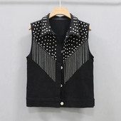 Γυναικείο αμάνικο κοντό τζιν παλτό 2023 Νέο γυναικείο μονόστηθο μαύρο λευκό καρφί φούντα τζιν γιλέκο αμάνικο γιλέκο