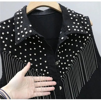 Γυναικείο αμάνικο κοντό τζιν παλτό 2023 Νέο γυναικείο μονόστηθο μαύρο λευκό καρφί φούντα τζιν γιλέκο αμάνικο γιλέκο