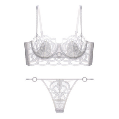 CINOON Seksi donje rublje s vezom Žensko tanko čipkano prozirno push up grudnjak Komplet grudnjak + podvezice + tange 3 dijela Garnitura francuskog donjeg rublja
