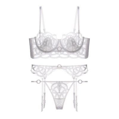 CINOON Seksi donje rublje s vezom Žensko tanko čipkano prozirno push up grudnjak Komplet grudnjak + podvezice + tange 3 dijela Garnitura francuskog donjeg rublja