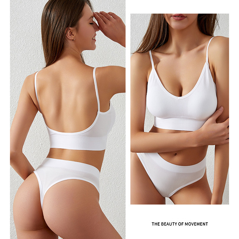 Set sutien fără cusături pentru femei, tanga sexy, chiloți cu talie joasă, bralet sport, lenjerie fără sârmă, lenjerie de corp din bumbac, 2 buc.