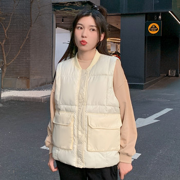 Φθινοπωρινό χειμερινό γυναικείο βαμβακερό γιλέκο μπουφάν 2023 Νέο μονόχρωμο γιλέκο με μεγάλη τσέπη αμάνικο γιλέκο για γυναικείο παλτό casual tops