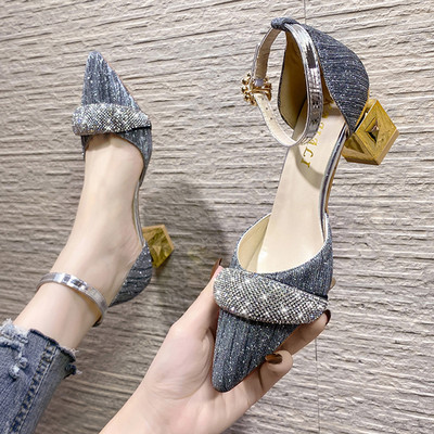 Bling Crystal ψηλοτάκουνες αντλίες Γυναικείες Κομψές μαργαριταρένιες πόρπες τετράγωνα τακούνια παπούτσια γάμου Γυναικείες αντλίες με ιμάντα αστραγάλου
