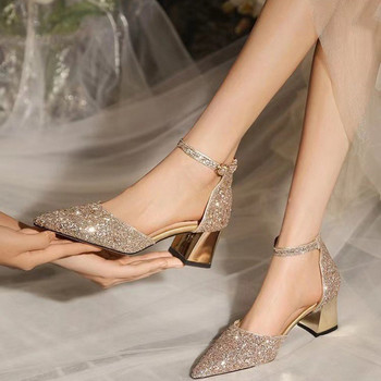 Луксозни златни и сребърни пайети Помпи на висок ток Дамски 2023 г. Остри пръсти Сватбени обувки Сватбени обувки Дамски парти обувки на дебел ток