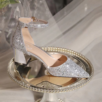 Луксозни златни и сребърни пайети Помпи на висок ток Дамски 2023 г. Остри пръсти Сватбени обувки Сватбени обувки Дамски парти обувки на дебел ток