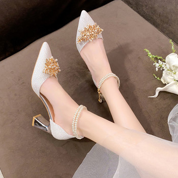 Разпродажба на дамски обувки 2023 г., нова мода, заострени метални мъниста, плътни дамски обувки с високи токчета, летни банкетни дамски сватбени обувки