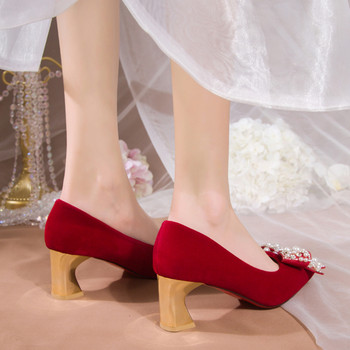 Rimocy Κομψό Γυναικείο Κόκκινο Μεταξωτό Γαμήλιο Παπούτσια Νύφης Μαργαριτάρι παπιγιόν με μυτερές αντλίες Γυναικείο σέξι φόρεμα για πάρτι Ψηλοτάκουνα παπούτσια Γυναικεία