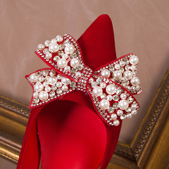 Rimocy Елегантни дамски червени копринени сватбени обувки за булка Перлени панделки Помпи с остри пръсти Дамски секси парти рокли Обувки с високи токчета Дамски