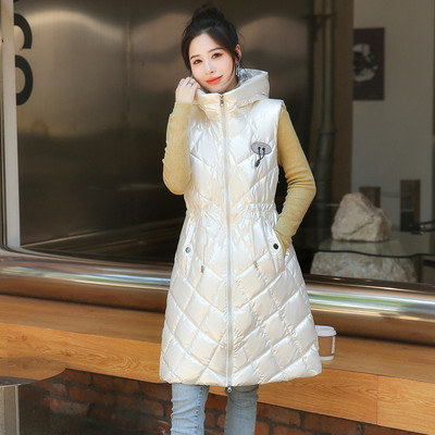 Vestă de iarnă pentru femei, cu glugă lucioasă, vestă lungă și groasă, fără mâneci, vestă din bumbac căptușită.