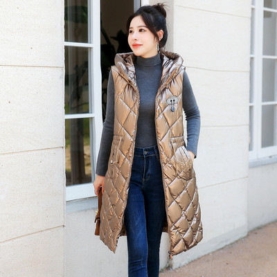 Vestă de iarnă pentru femei, cu glugă lucioasă, vestă lungă și groasă, fără mâneci, vestă din bumbac căptușită.