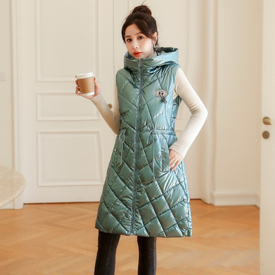 Vestă de iarnă pentru femei, cu glugă lucioasă, vestă lungă și groasă, fără mâneci, vestă din bumbac căptușită.