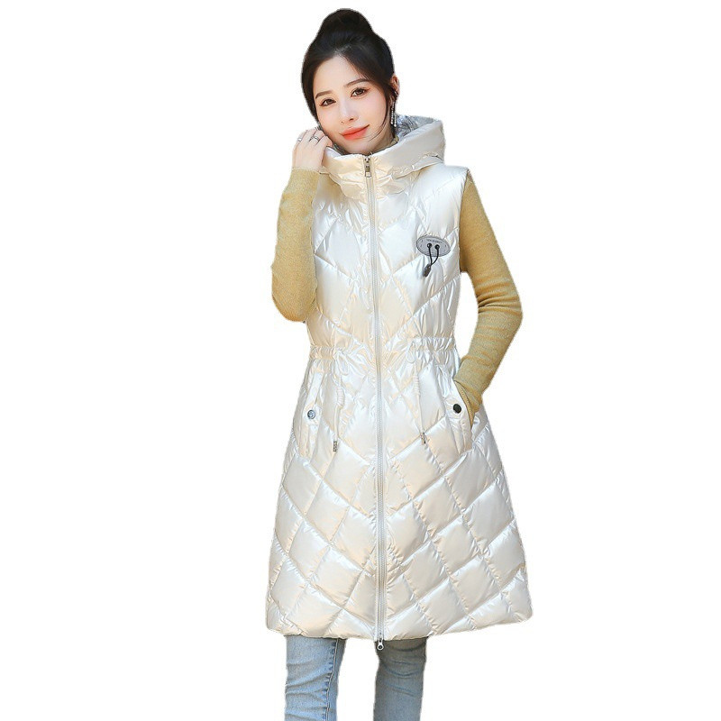 Vestă de iarnă pentru femei, cu glugă lucioasă, vestă lungă și groasă, fără mâneci, vestă din bumbac căptușită.