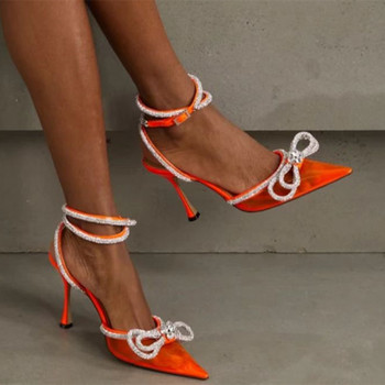 Стил на пистата Блестящи кристали Дамски помпи Crystal bowknot Сатенени летни дамски обувки  Високи токчета Парти обувки за бала