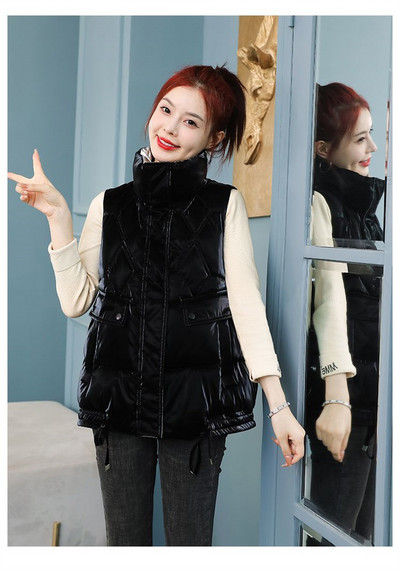 Jachetă de toamnă/iarnă 2023, vestă din bumbac, cu fața în jos, pentru femei, cu guler în picioare, scurtă, fără mâneci, vestă caldă pentru femei