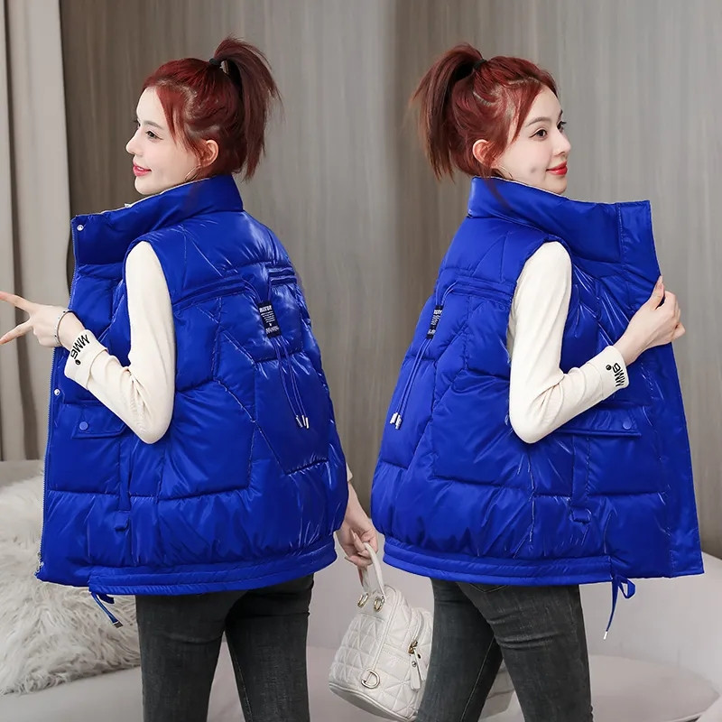 Jachetă de toamnă/iarnă 2023, vestă din bumbac, cu fața în jos, pentru femei, cu guler în picioare, scurtă, fără mâneci, vestă caldă pentru femei