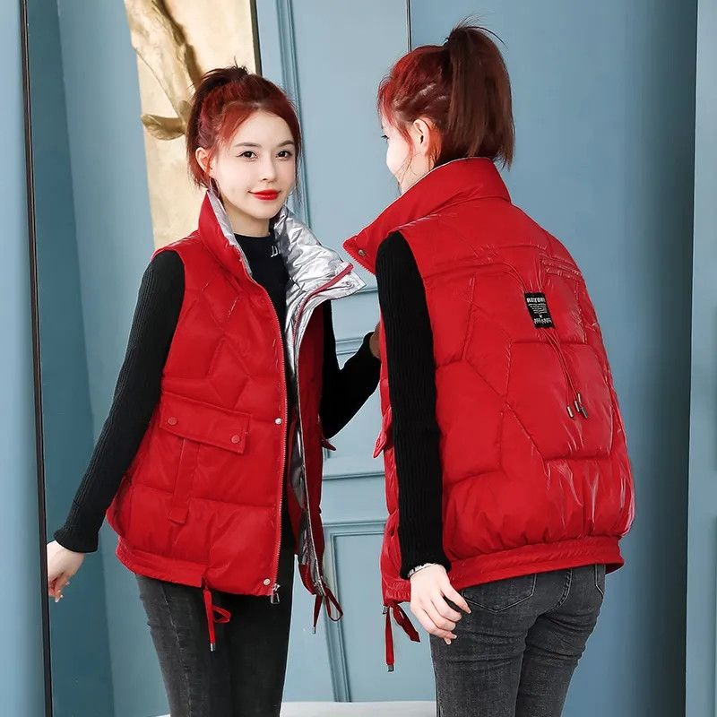 Jachetă de toamnă/iarnă 2023, vestă din bumbac, cu fața în jos, pentru femei, cu guler în picioare, scurtă, fără mâneci, vestă caldă pentru femei